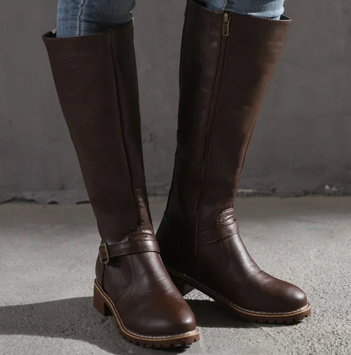 Women's Buckle Casual Knee High Boots in Dark Brown