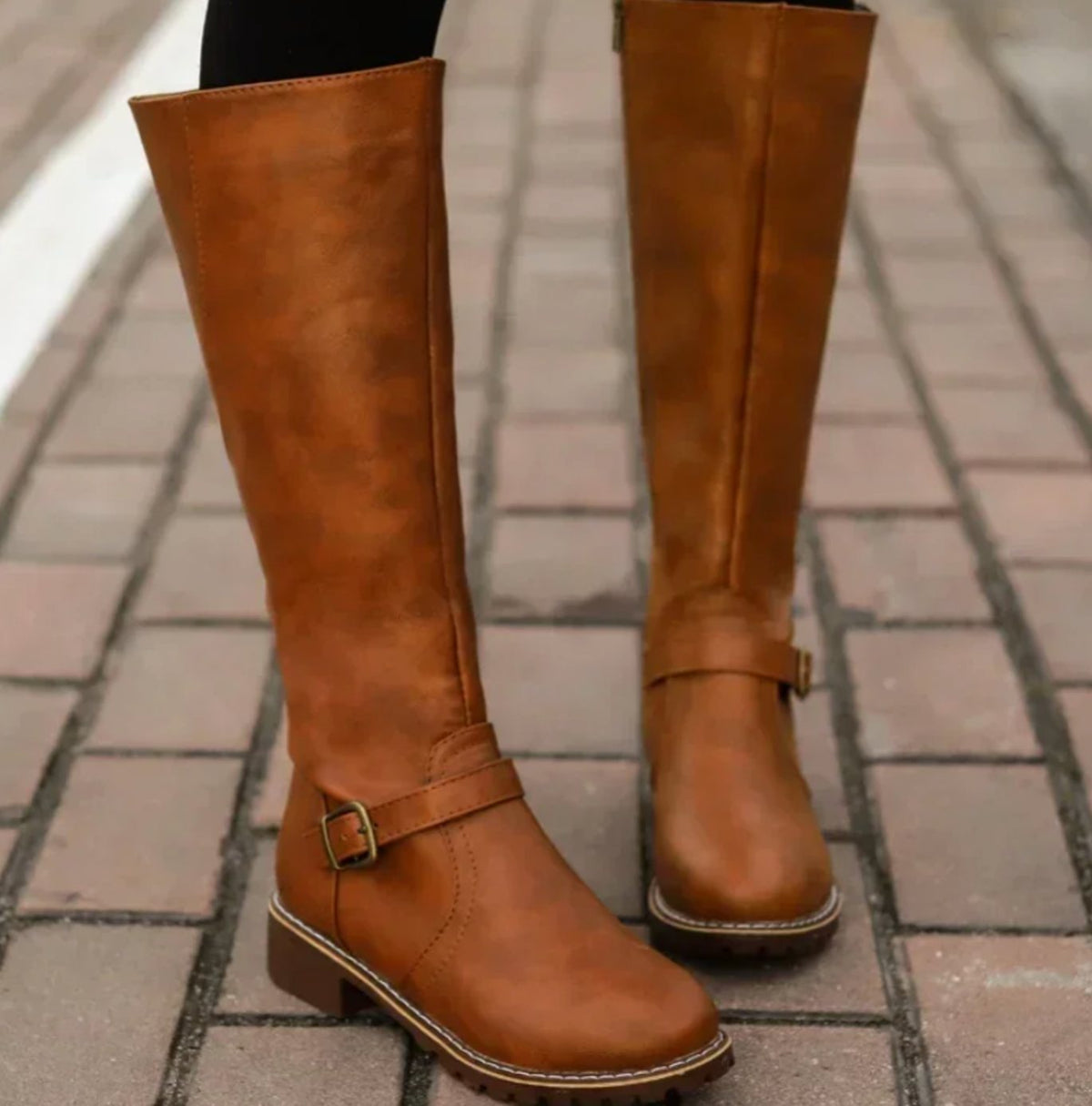 Women's Buckle Casual Knee High Boots in Light Brown