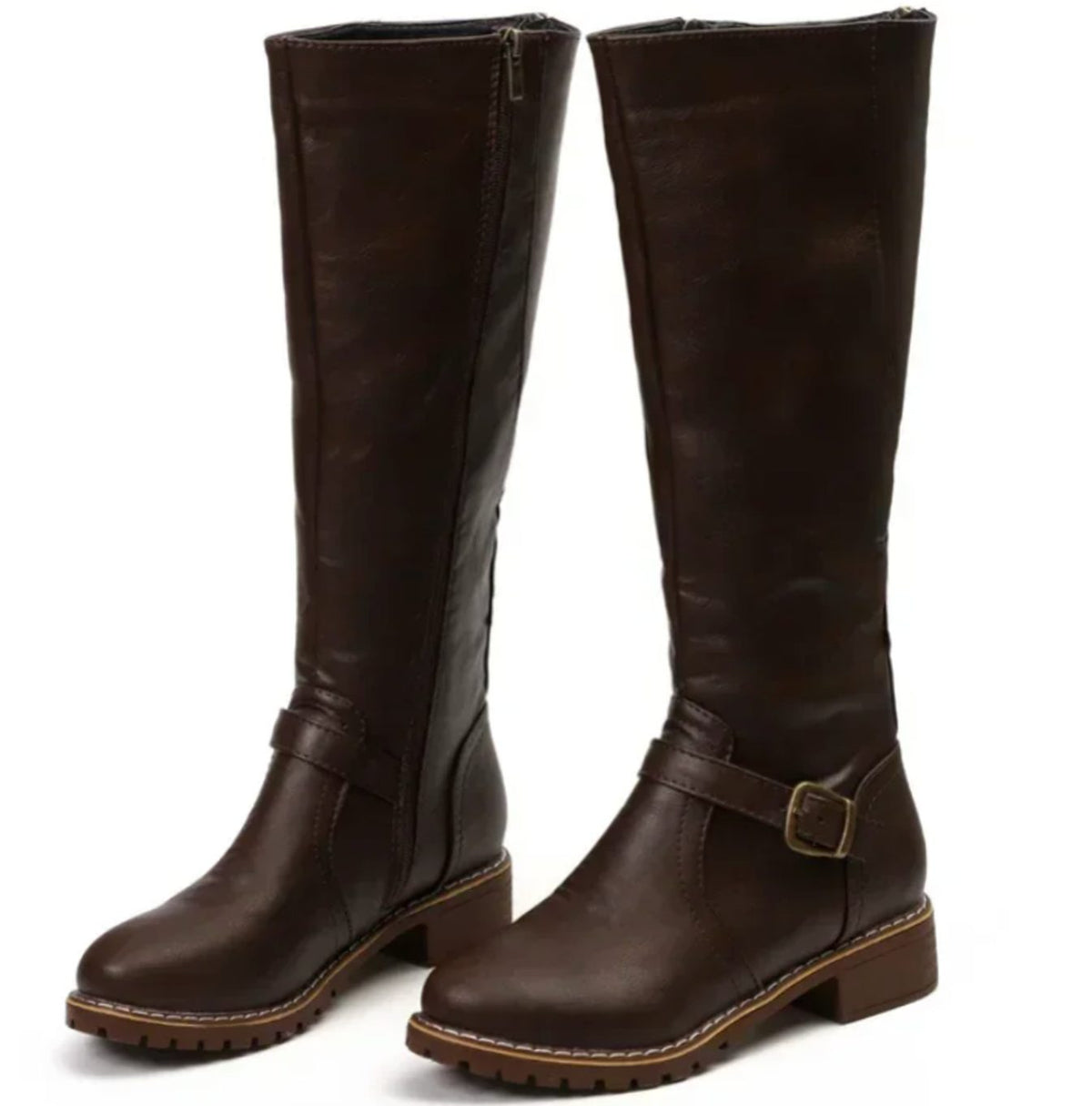 Women's Buckle Casual Knee High Boots in Dark Brown