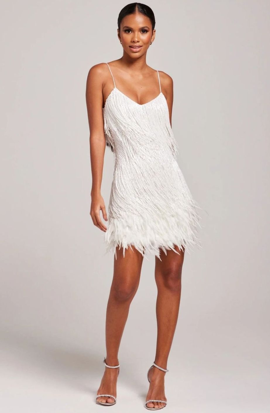 Feather-Hem Fringed Cocktail Mini Dress in White
