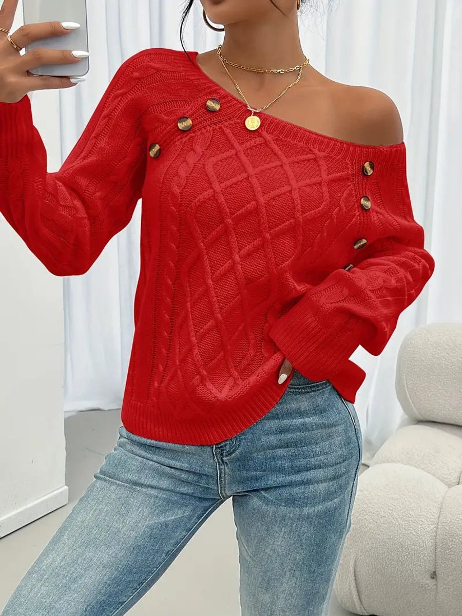 Women's Button-Shoulder Casual Jumper in Red