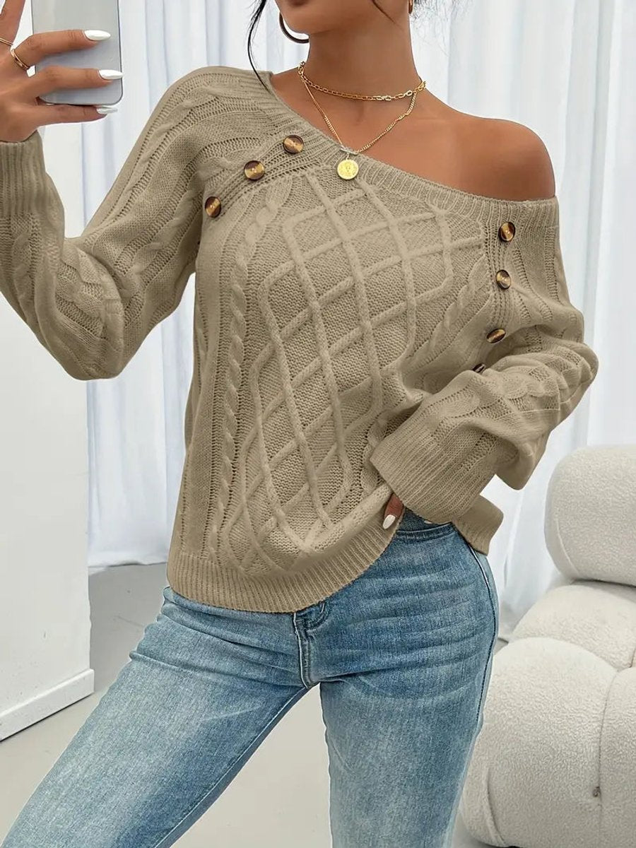 Women's Button-Shoulder Casual Jumper in Khaki