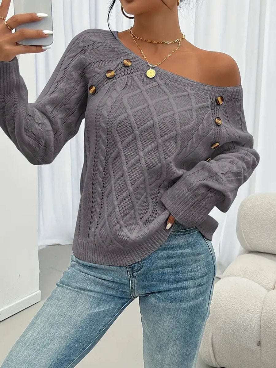 Women's Button-Shoulder Casual Jumper in Grey