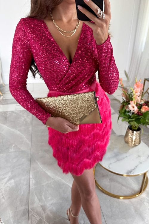 Sequin Wrap Fringed Party Mini Dress in Fuchsia