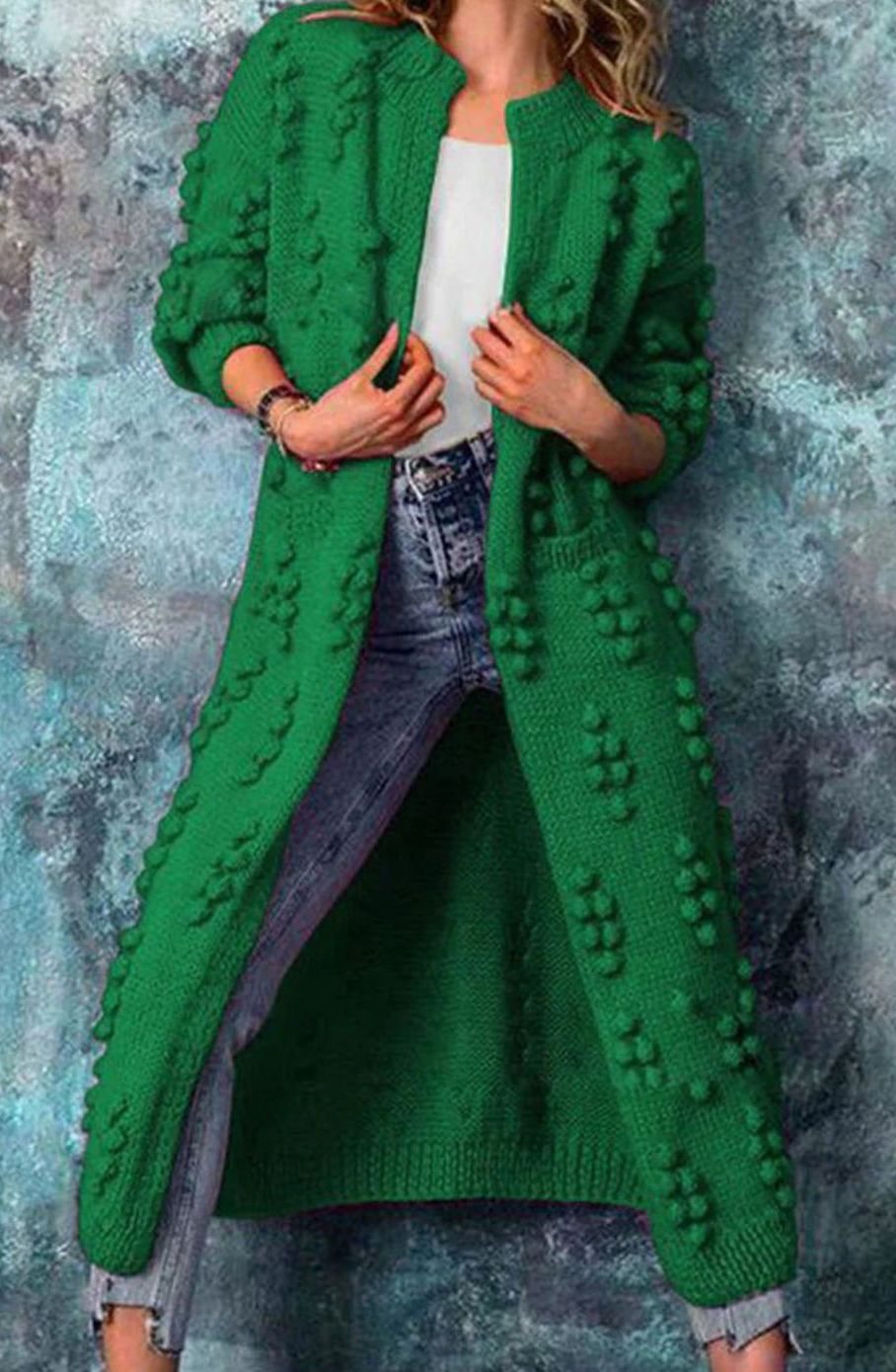 Women's Bobble-Knit Casual Cardigan in Green