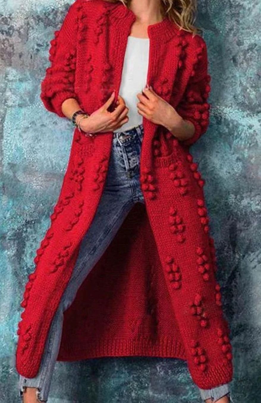 Women's Bobble-Knit Casual Cardigan in Red