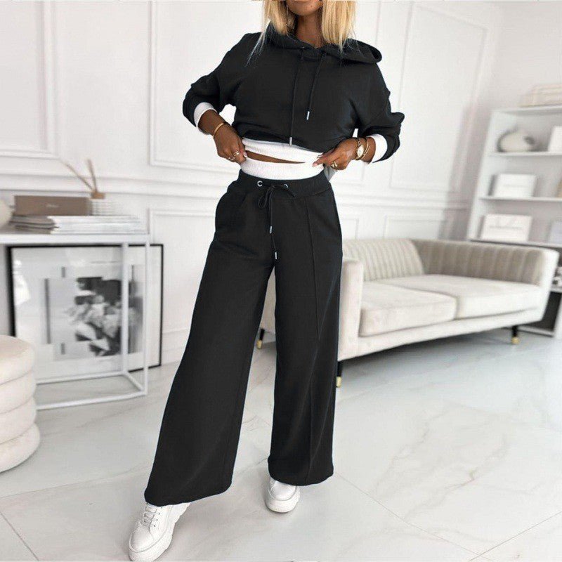 Hooded Wide-Leg Casual Co-ord in Black