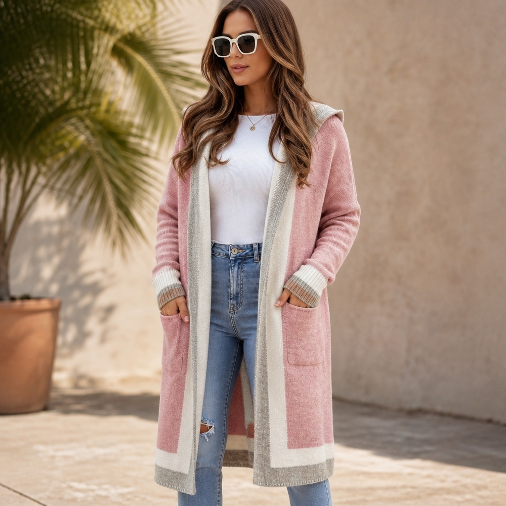 Women's Open-Front Hooded Casual Cardigan in Dusty Rose