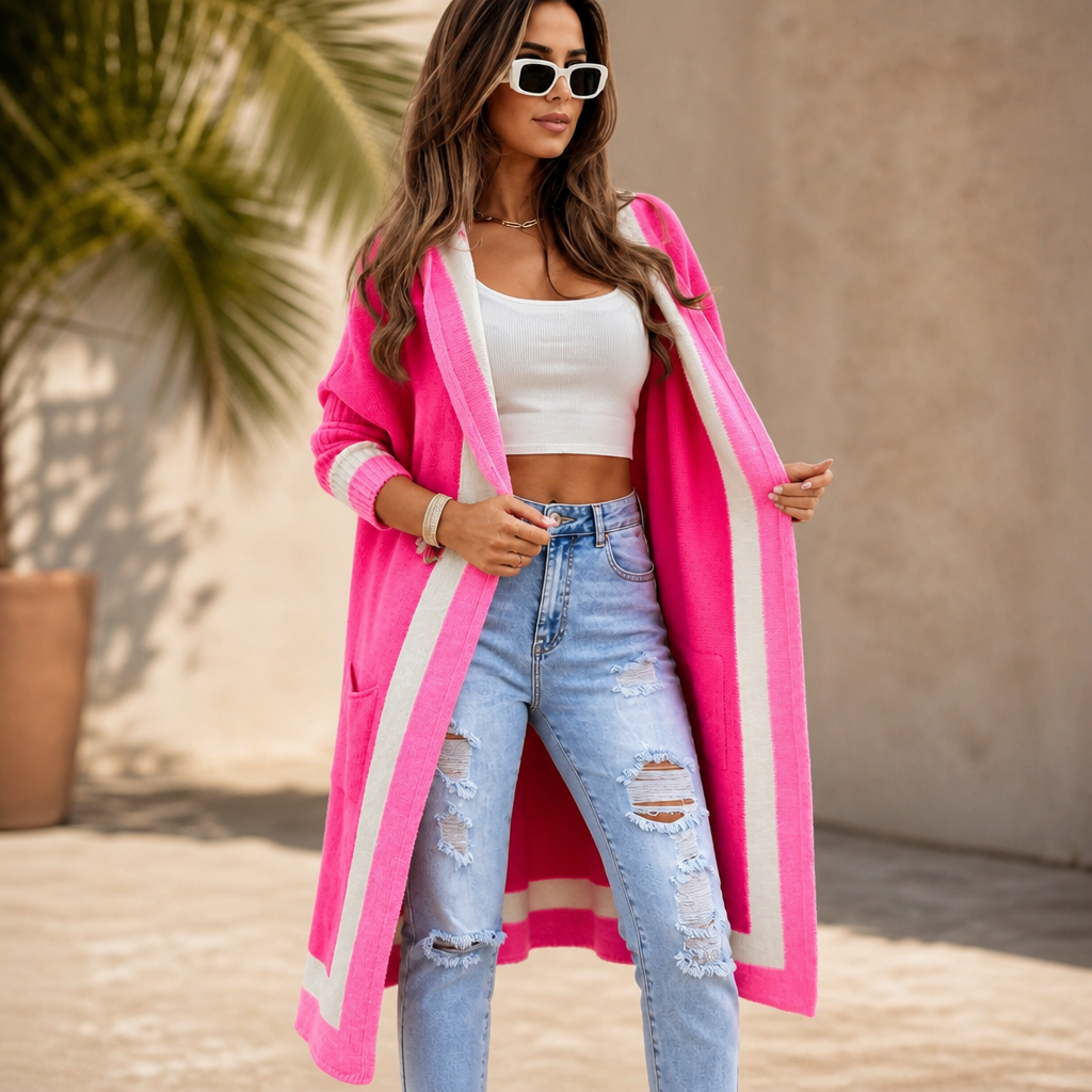 Women's Open-Front Hooded Casual Cardigan in Fuchsia