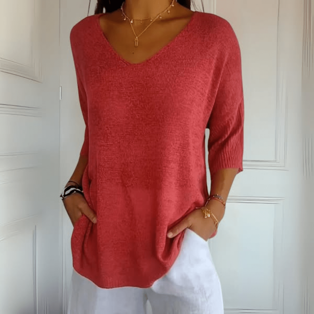 Women's Loose Fit V-Neck Casual Jumper in Brick Red