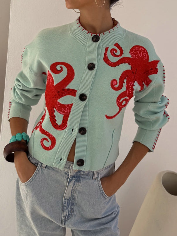 Women's Octopus Casual Cardigan in Mint