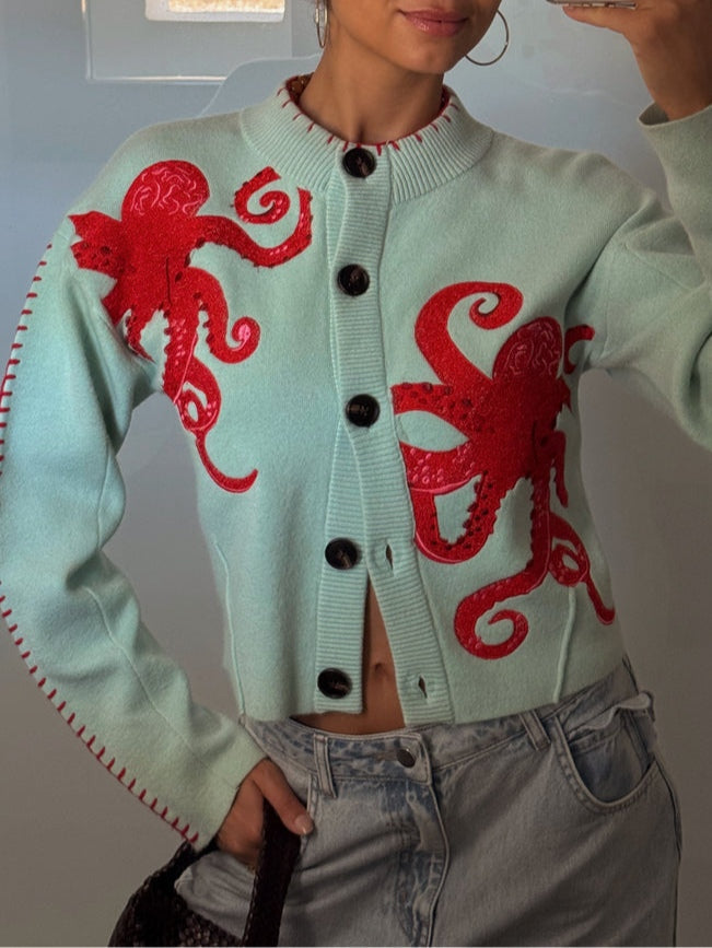 Women's Octopus Casual Cardigan in Mint
