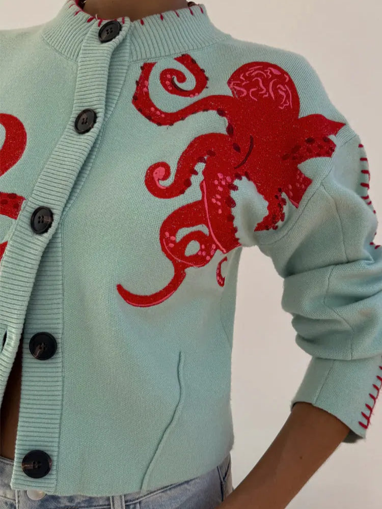 Women's Octopus Casual Cardigan in Mint