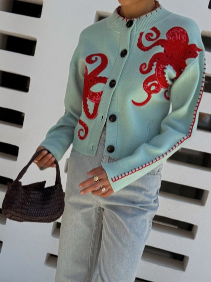 Women's Octopus Casual Cardigan in Mint