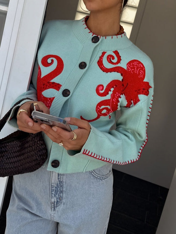 Women's Octopus Casual Cardigan in Mint