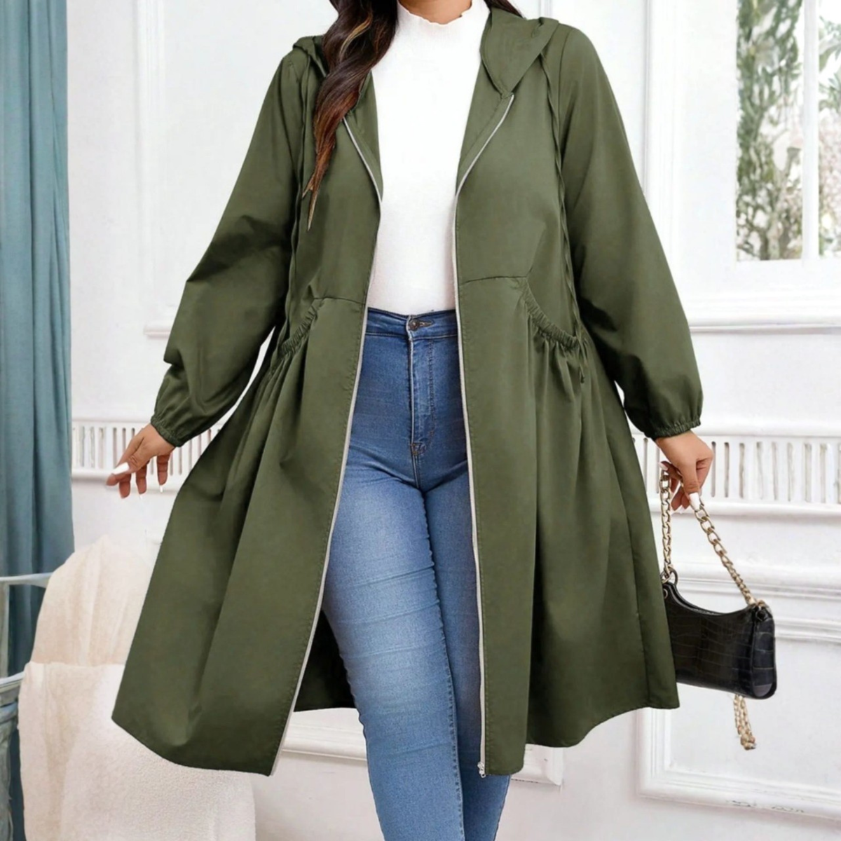 Women's Hooded Zip-Front Casual Coat in Olive