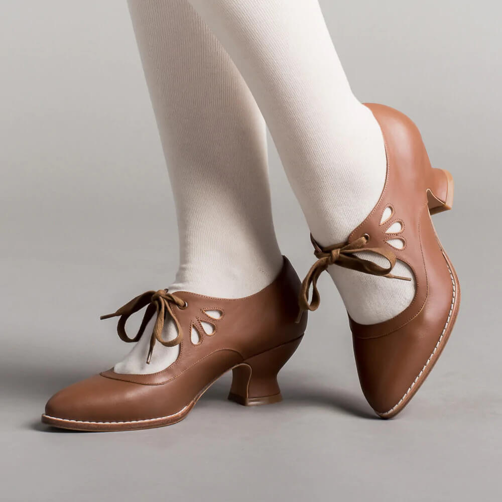 Orthopaedic Teardrop Cut-Out Lace-Up Heels in Camel