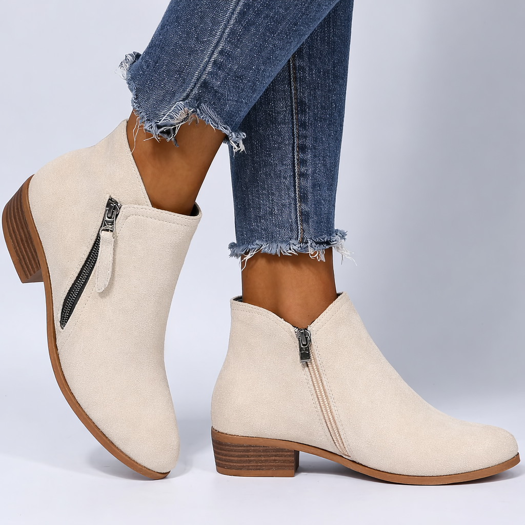 Women's Block-Heel Side-Zip Ankle Boot in Beige