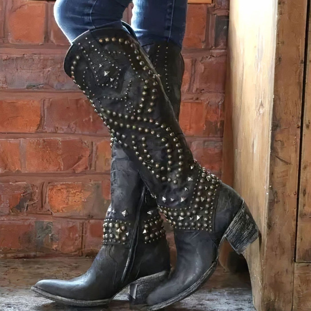 Women's Studded Party Knee High Boots in Black