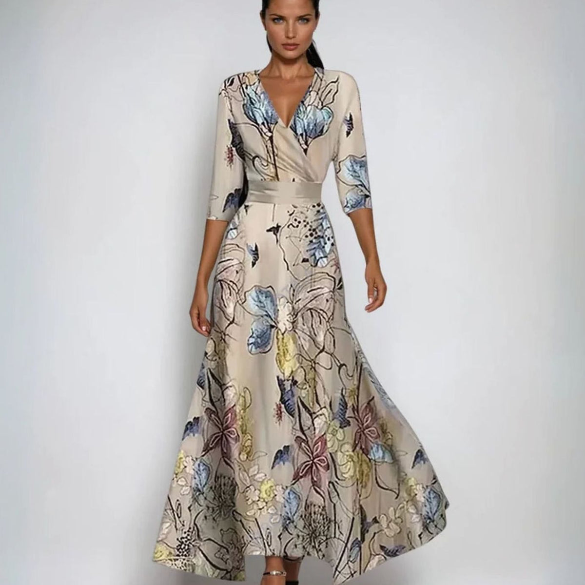 V-Neck Wrap Wedding Guest Maxi Dress in Beige