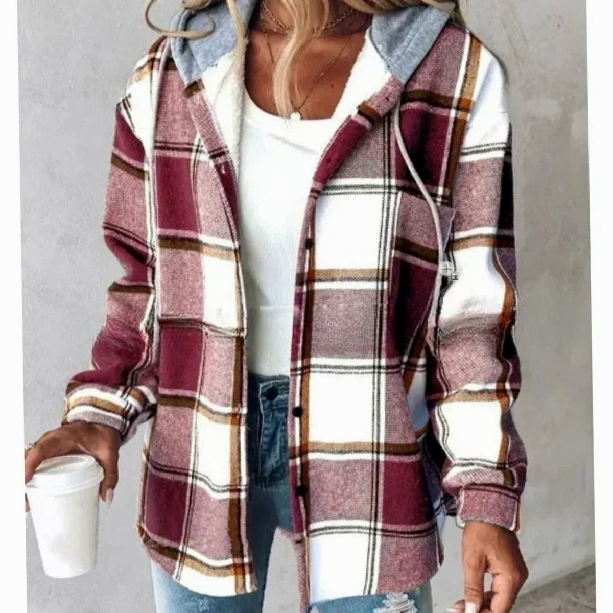 Women's Hooded Button-Front Casual Jacket in Burgundy