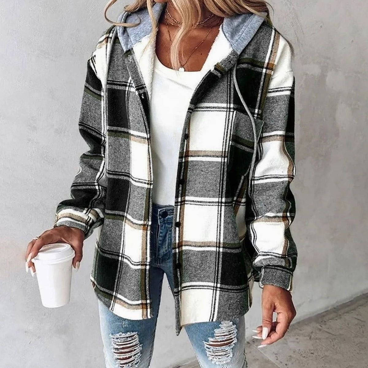 Women's Hooded Button-Front Casual Jacket in Dark Grey