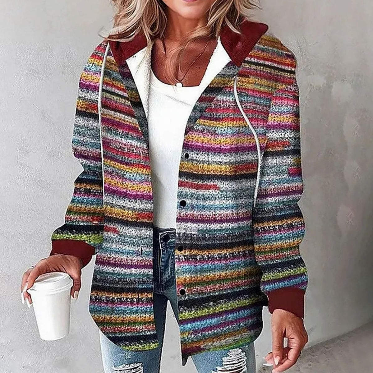 Women's Hooded Button-Front Casual Jacket in Multicolour