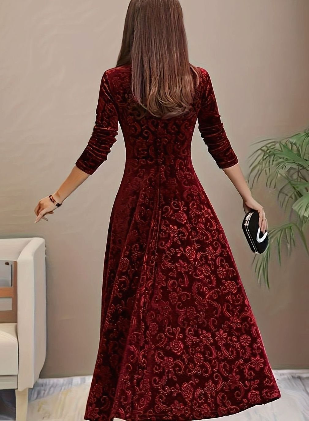 Embossed Floral Party Maxi Dress in Burgundy