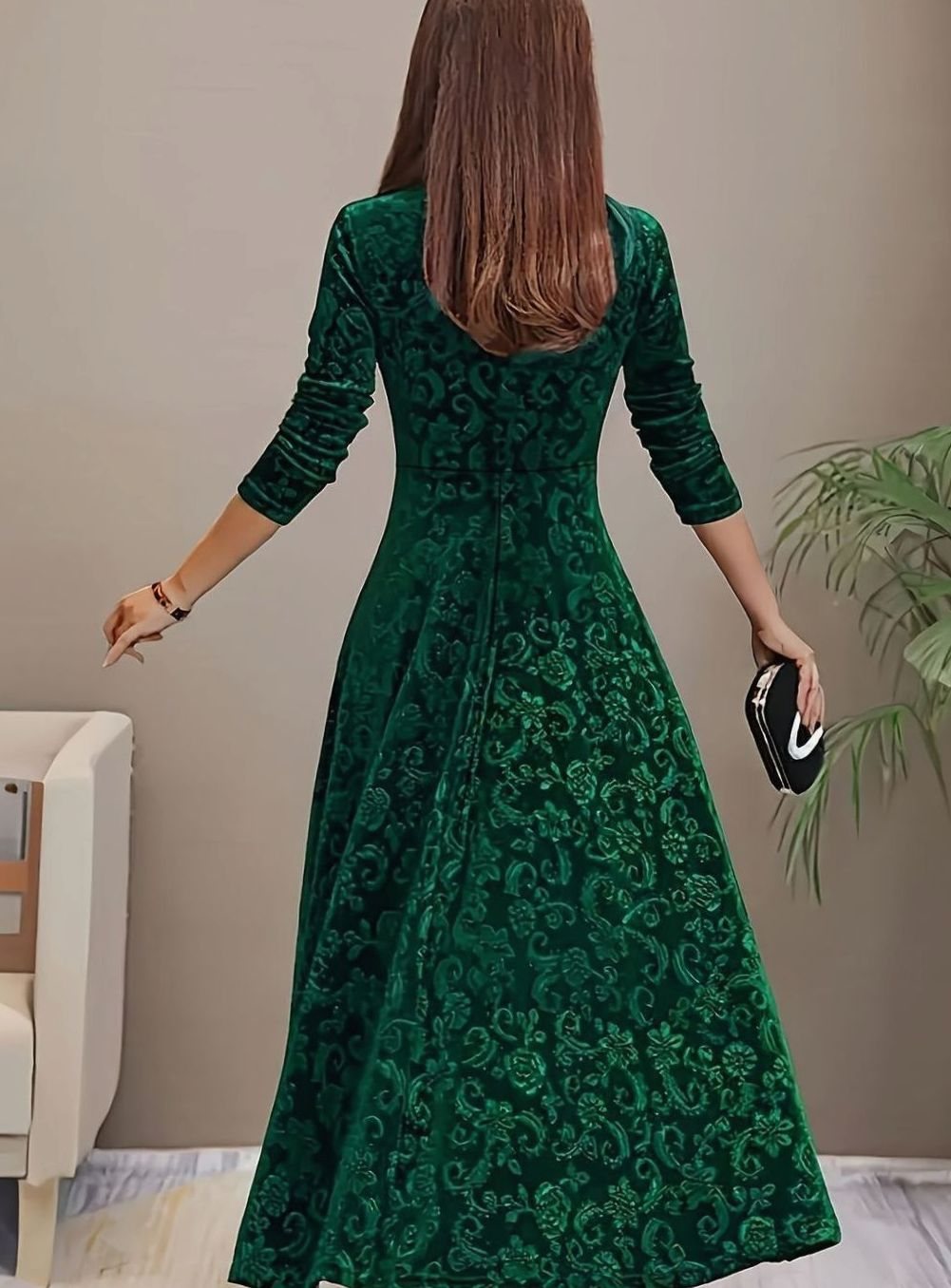Embossed Floral Party Maxi Dress in Emerald