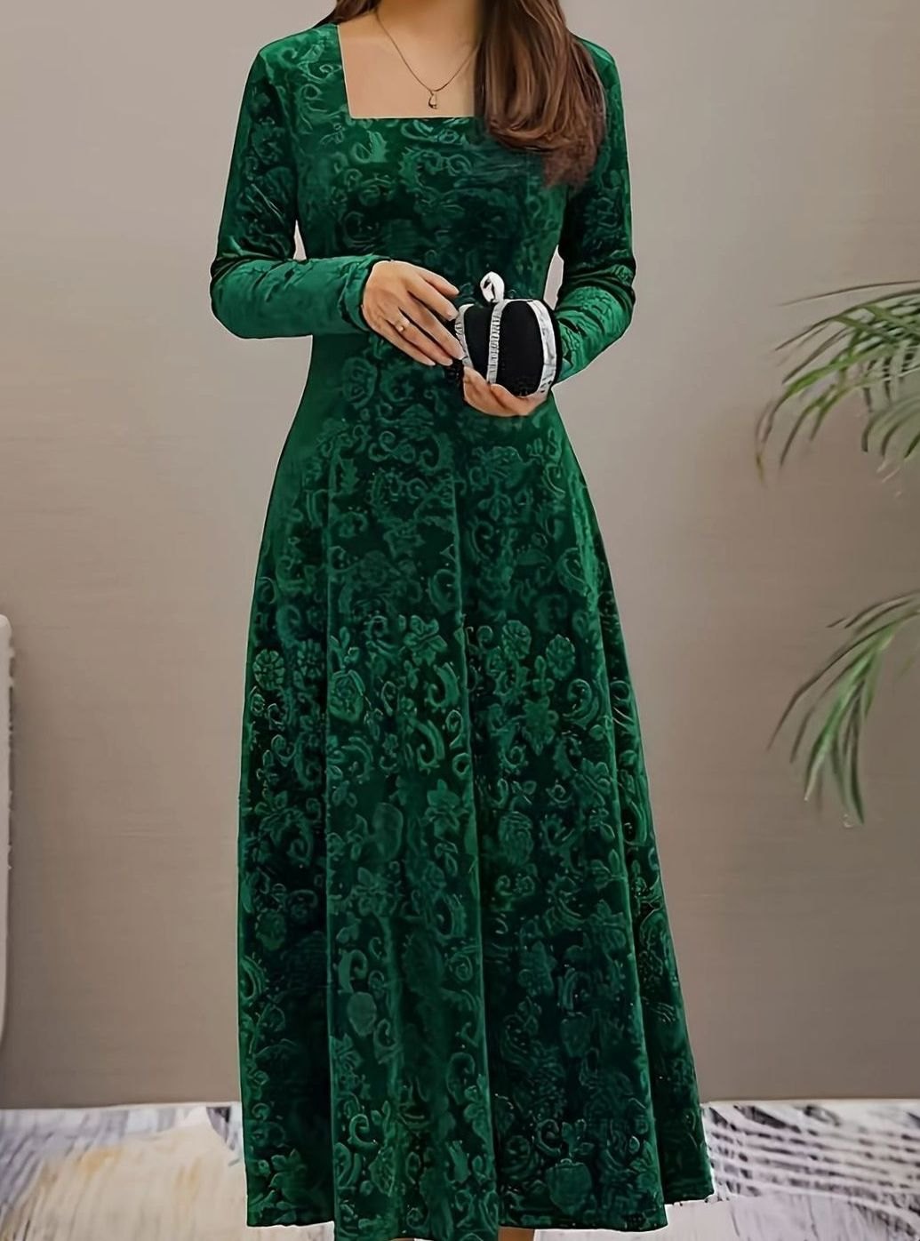 Embossed Floral Party Maxi Dress in Emerald