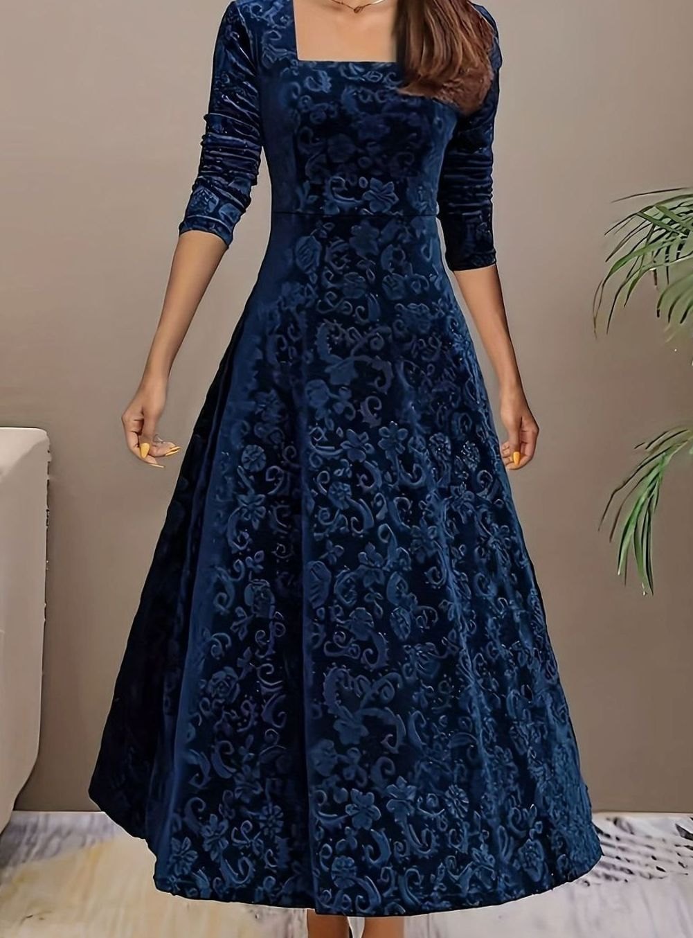 Embossed Floral Party Maxi Dress in Dark Blue