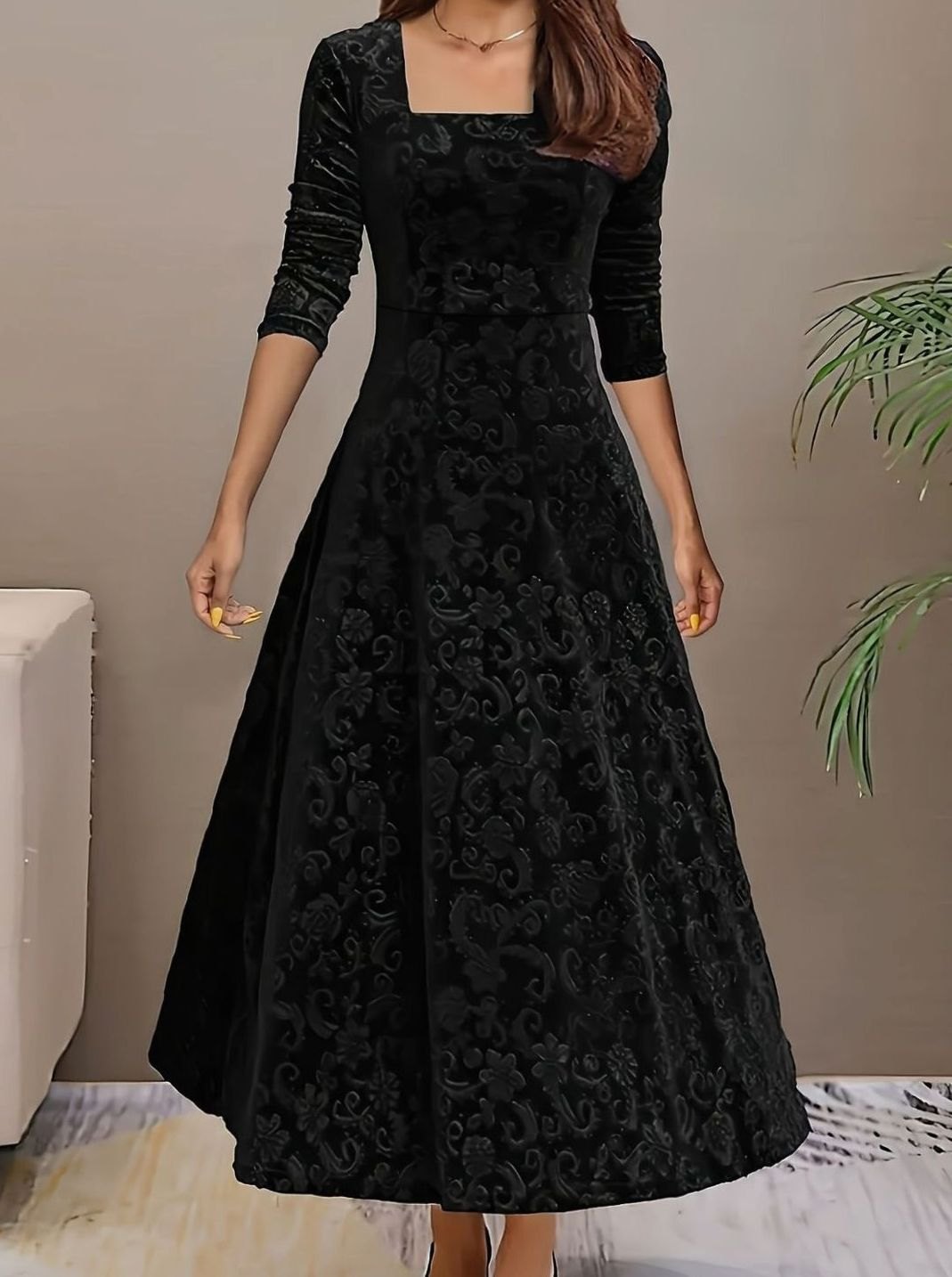 Embossed Floral Party Maxi Dress in Black