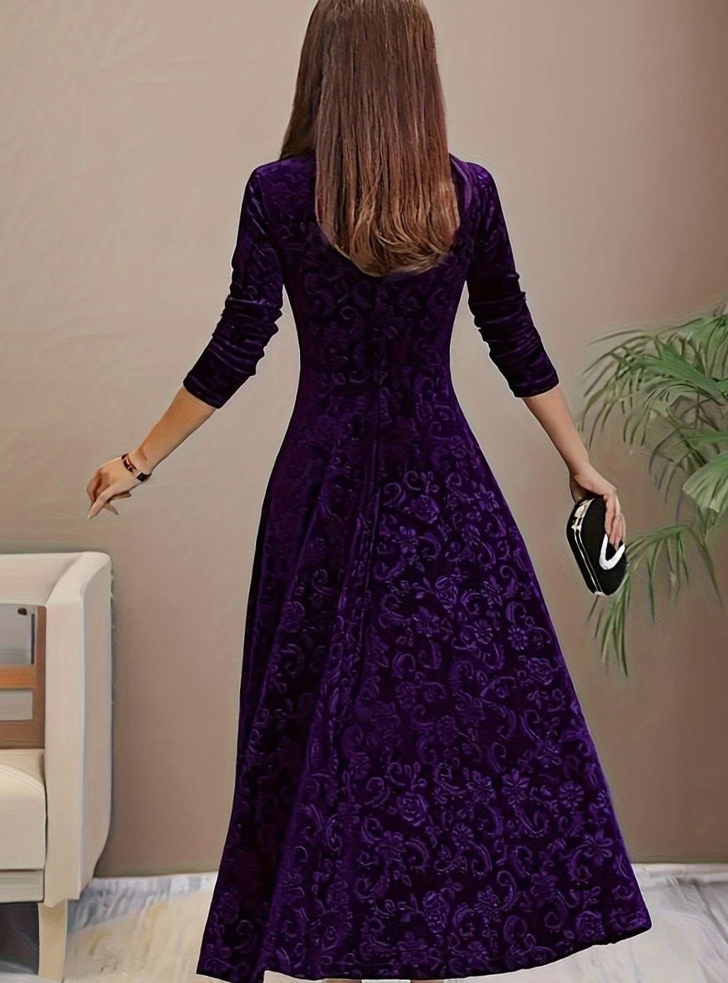 Embossed Floral Party Maxi Dress in Purple