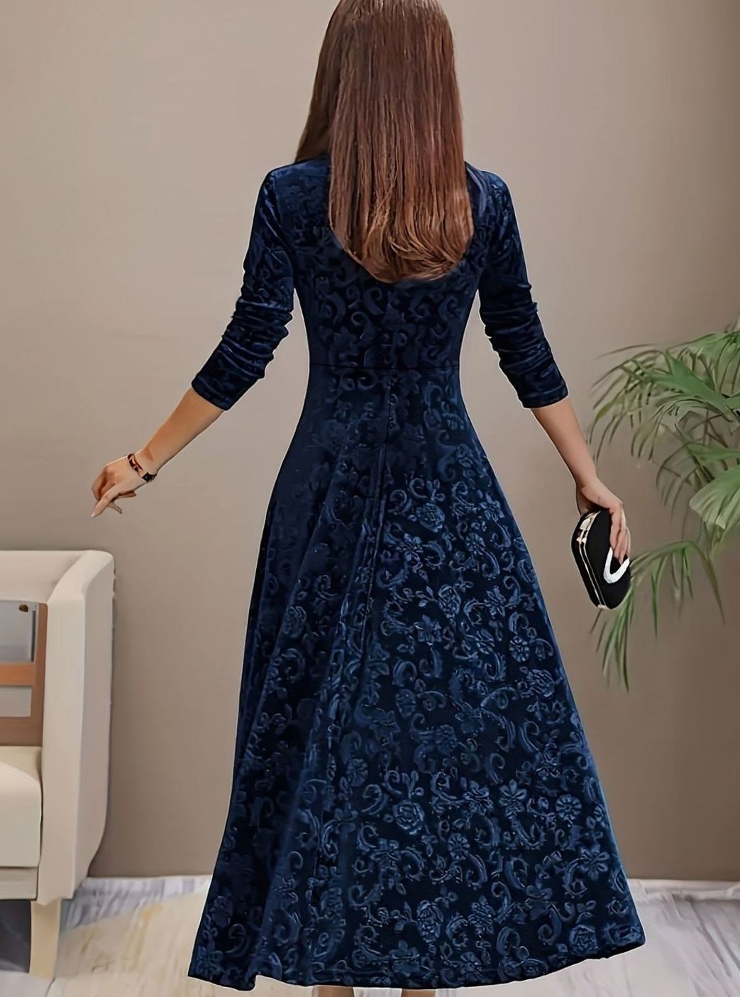 Embossed Floral Party Maxi Dress in Dark Blue