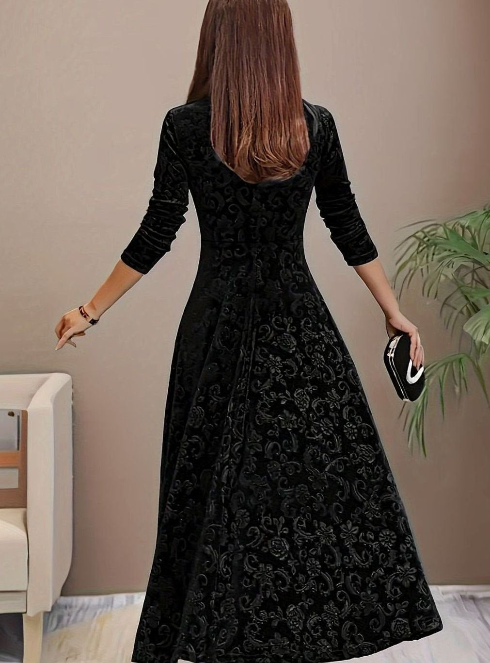 Embossed Floral Party Maxi Dress in Black