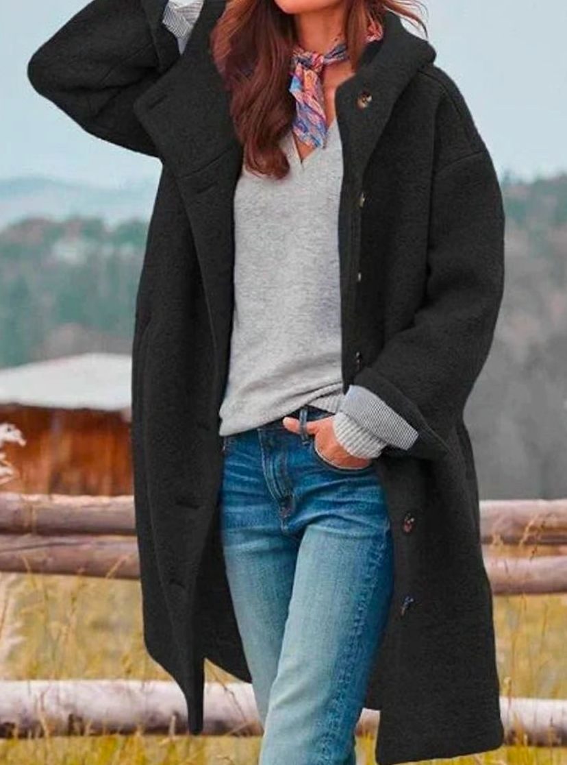 Women's Hooded Button-Front Casual Coat in Black