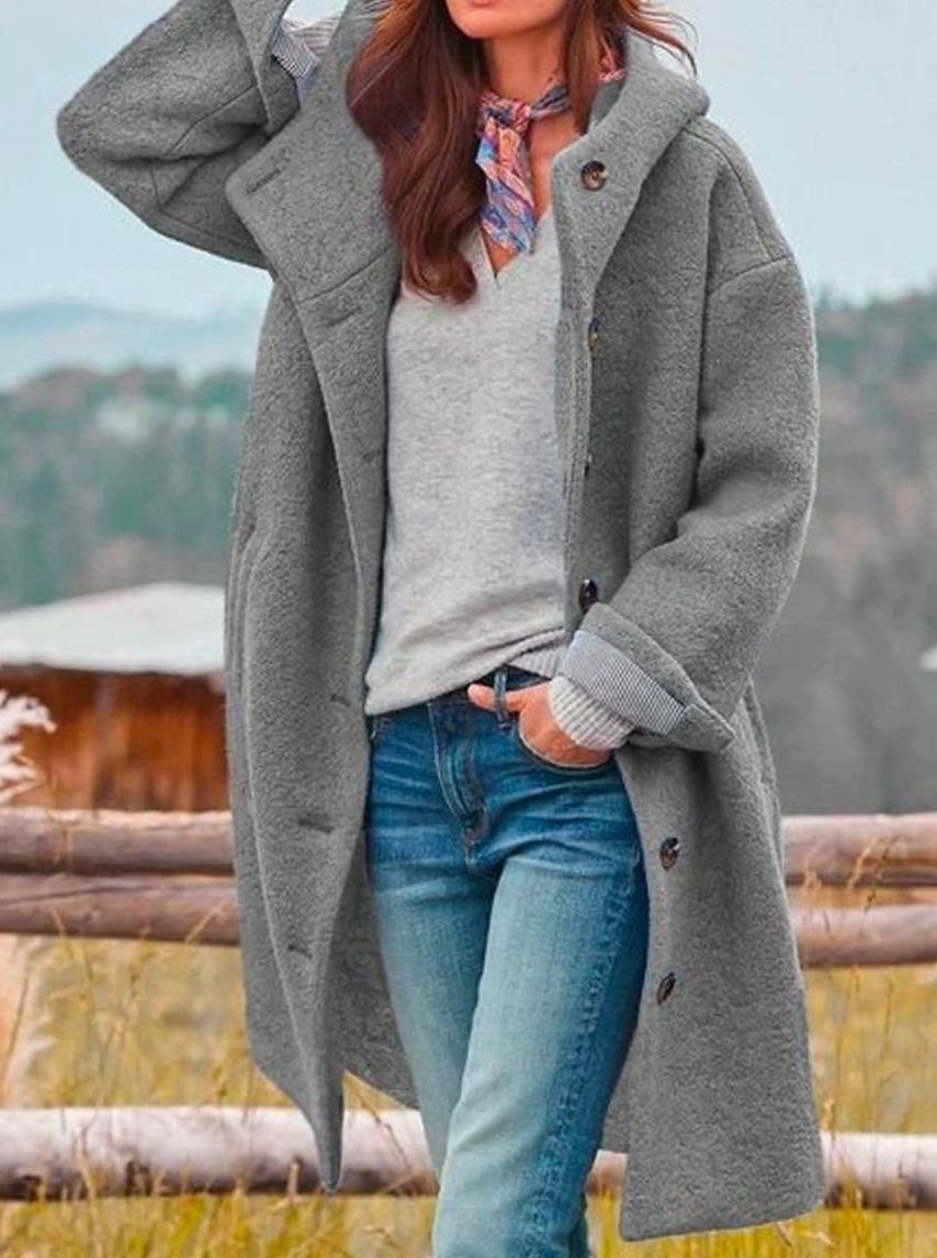 Women's Hooded Button-Front Casual Coat in Grey