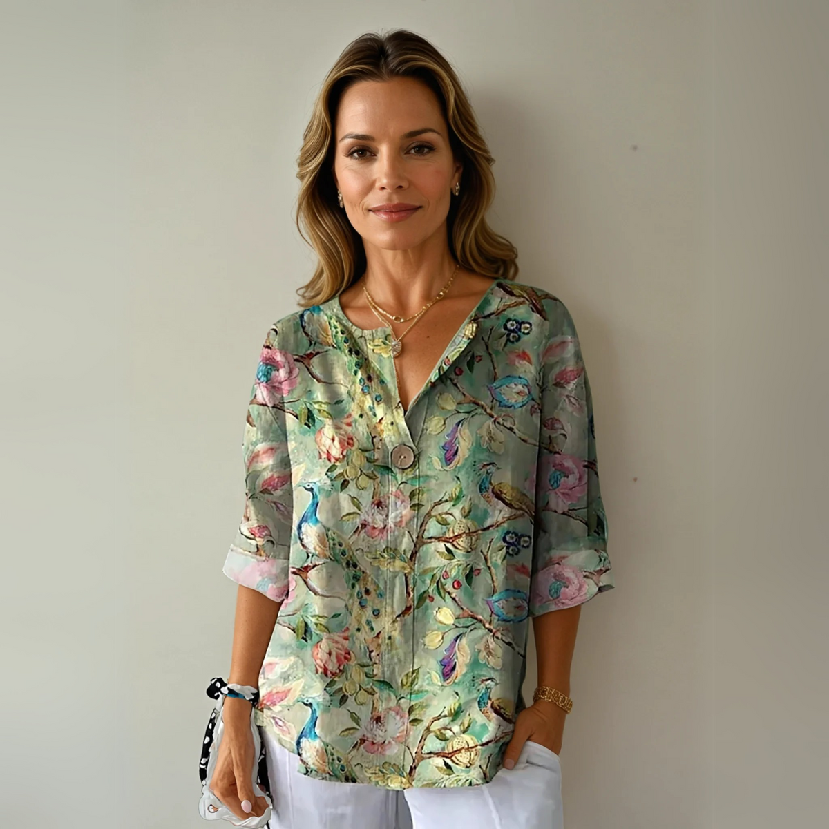 Single Button V-Neck Casual Blouse in Sage