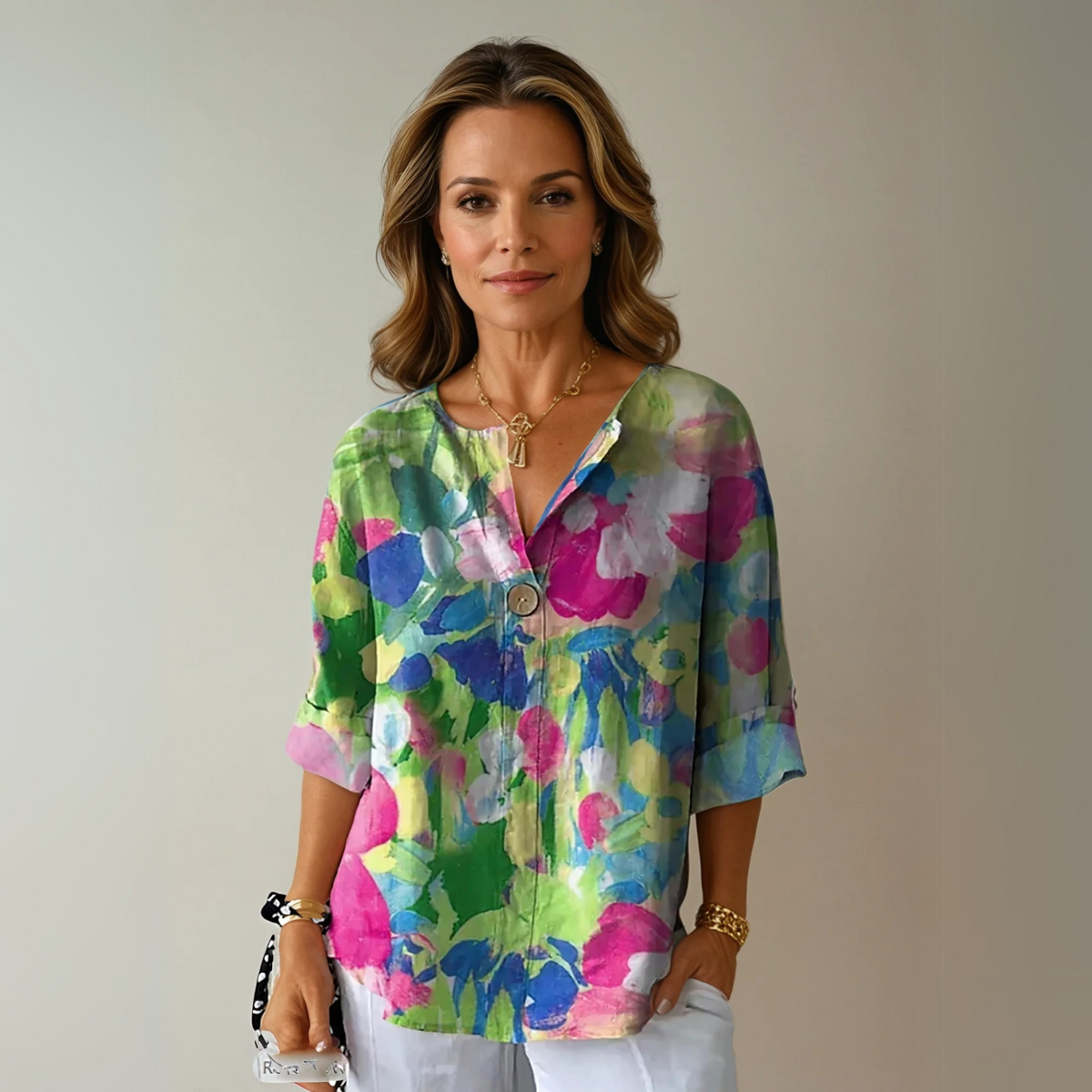 Single Button V-Neck Casual Blouse in Green