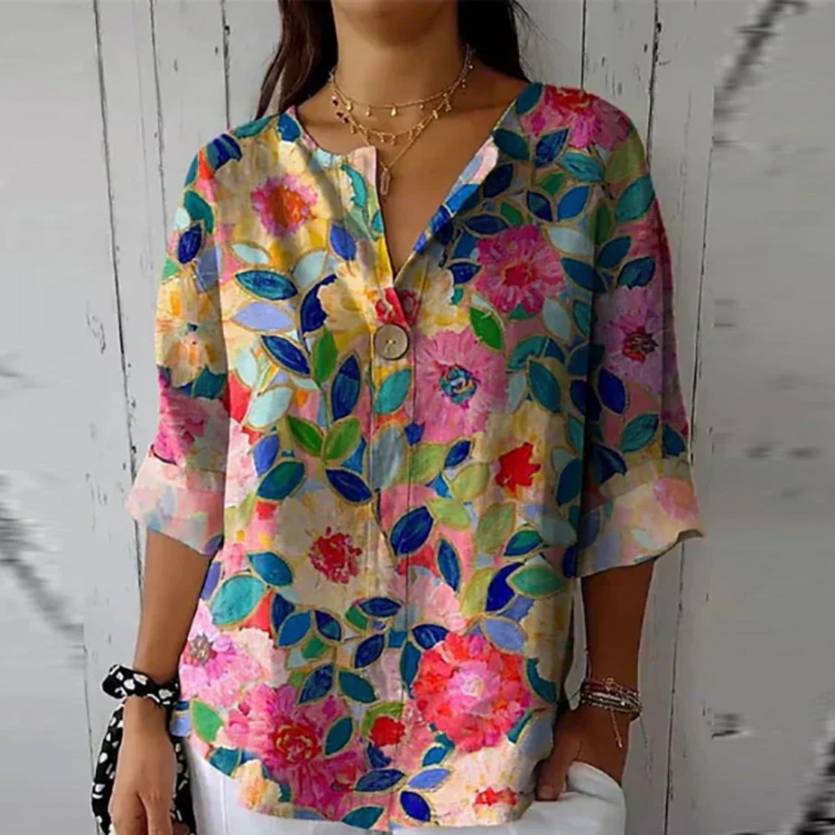 Single Button V-Neck Casual Blouse in Pink