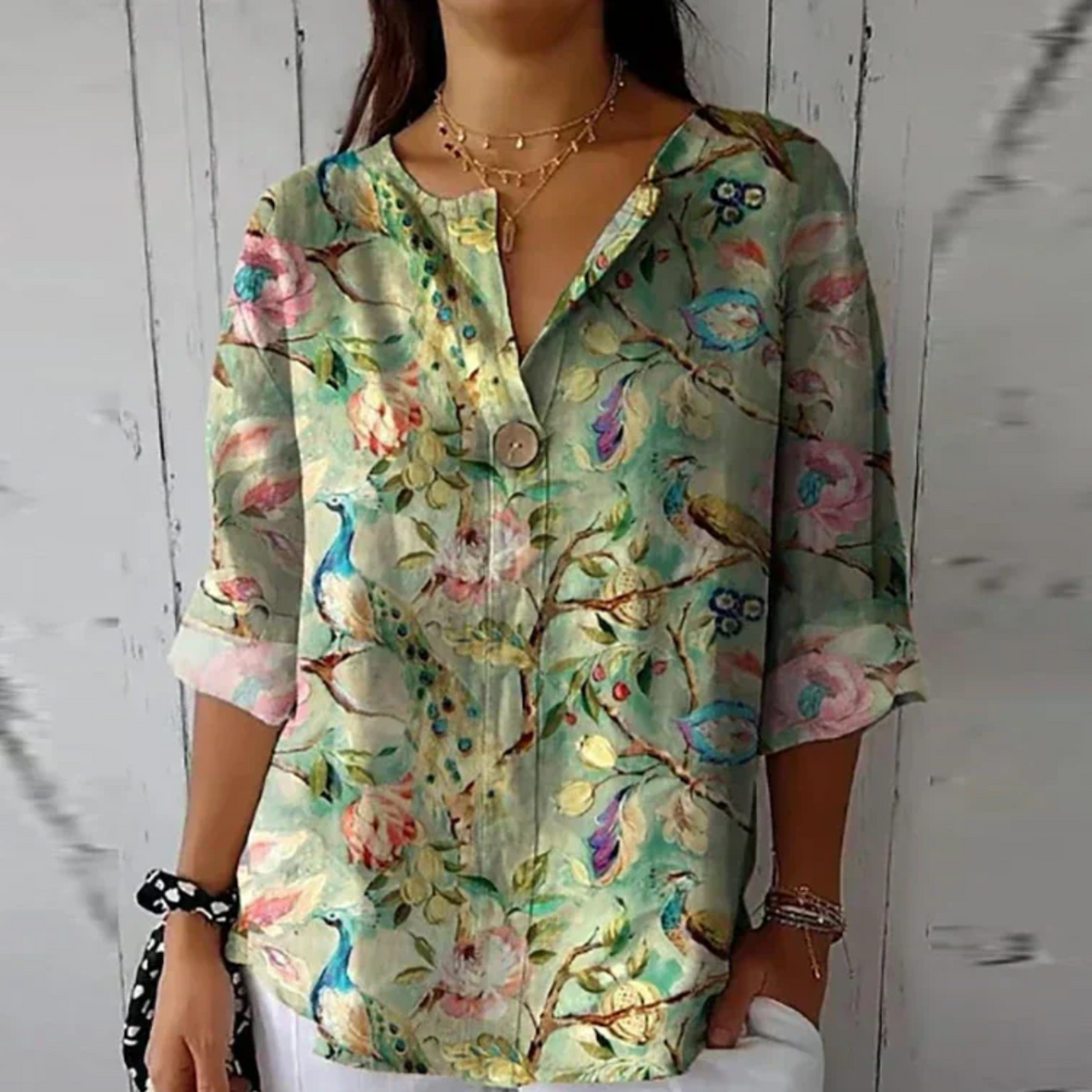 Single Button V-Neck Casual Blouse in Sage
