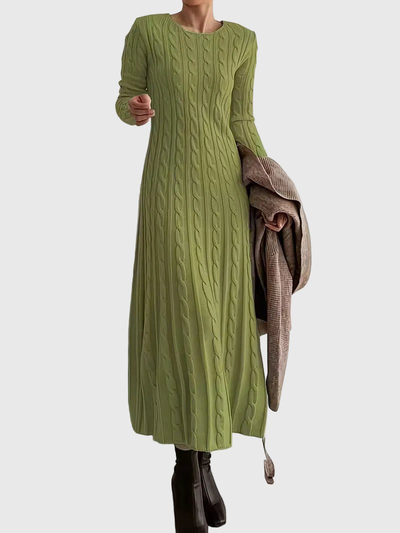 Cable-Knit Flared Casual Maxi Dress in Green