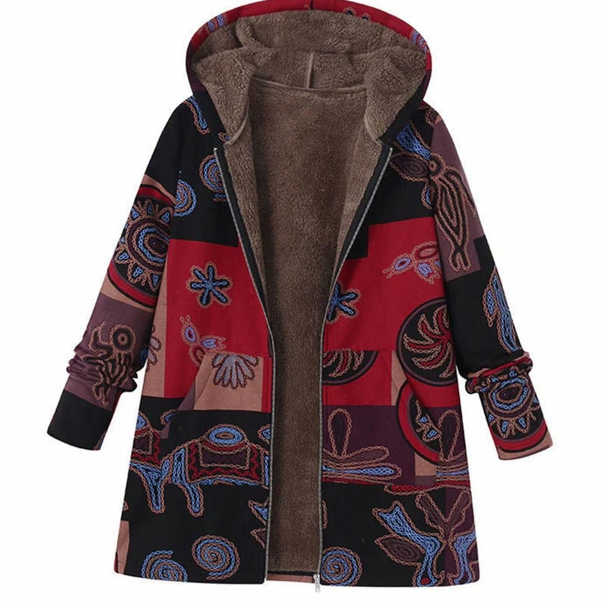 Women's Hooded Zip-Front Casual Coat in Dark Red