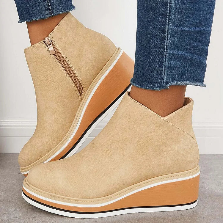 Women's Wedge Casual Ankle Boots in Beige