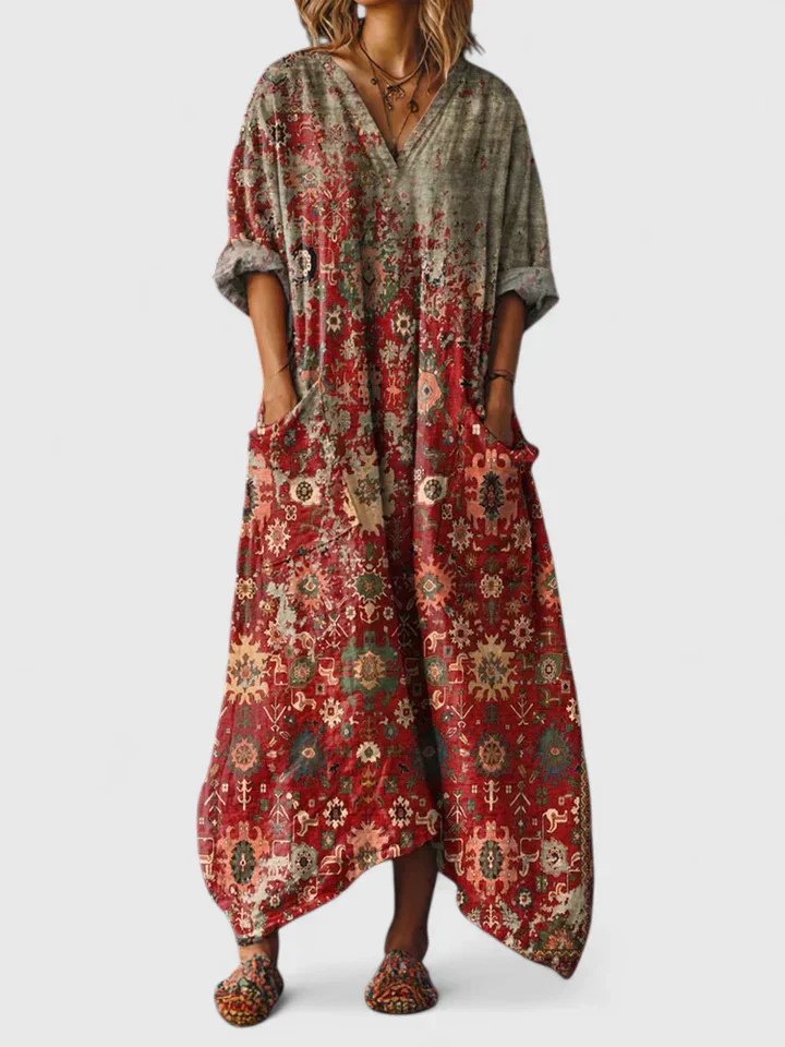 Relaxed Patch Pocket Holiday Maxi Dress in Red