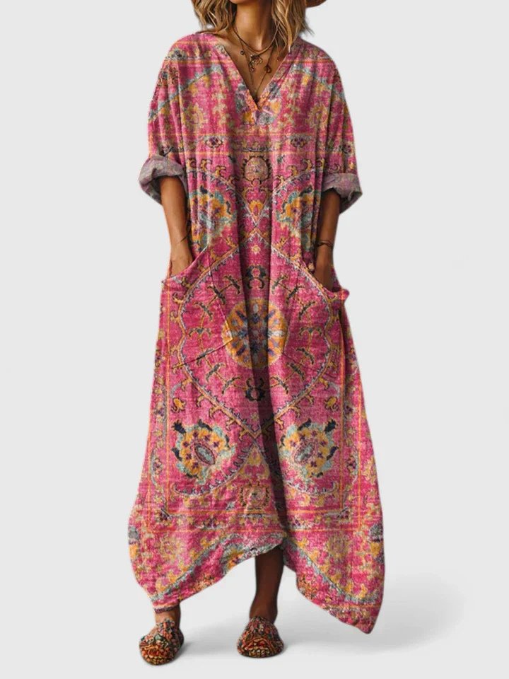 Relaxed Patch Pocket Holiday Maxi Dress in Fuchsia