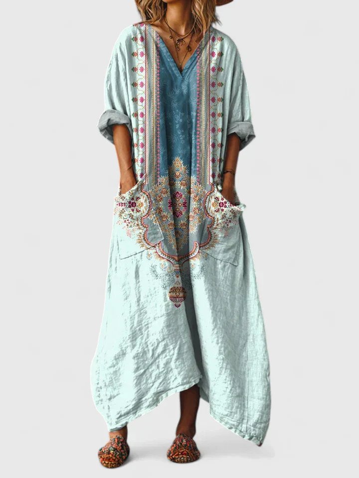 Relaxed Patch Pocket Holiday Maxi Dress in Light Blue