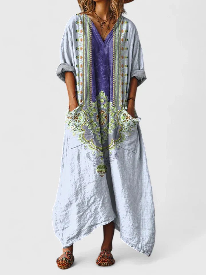 Relaxed Patch Pocket Holiday Maxi Dress in Light Grey