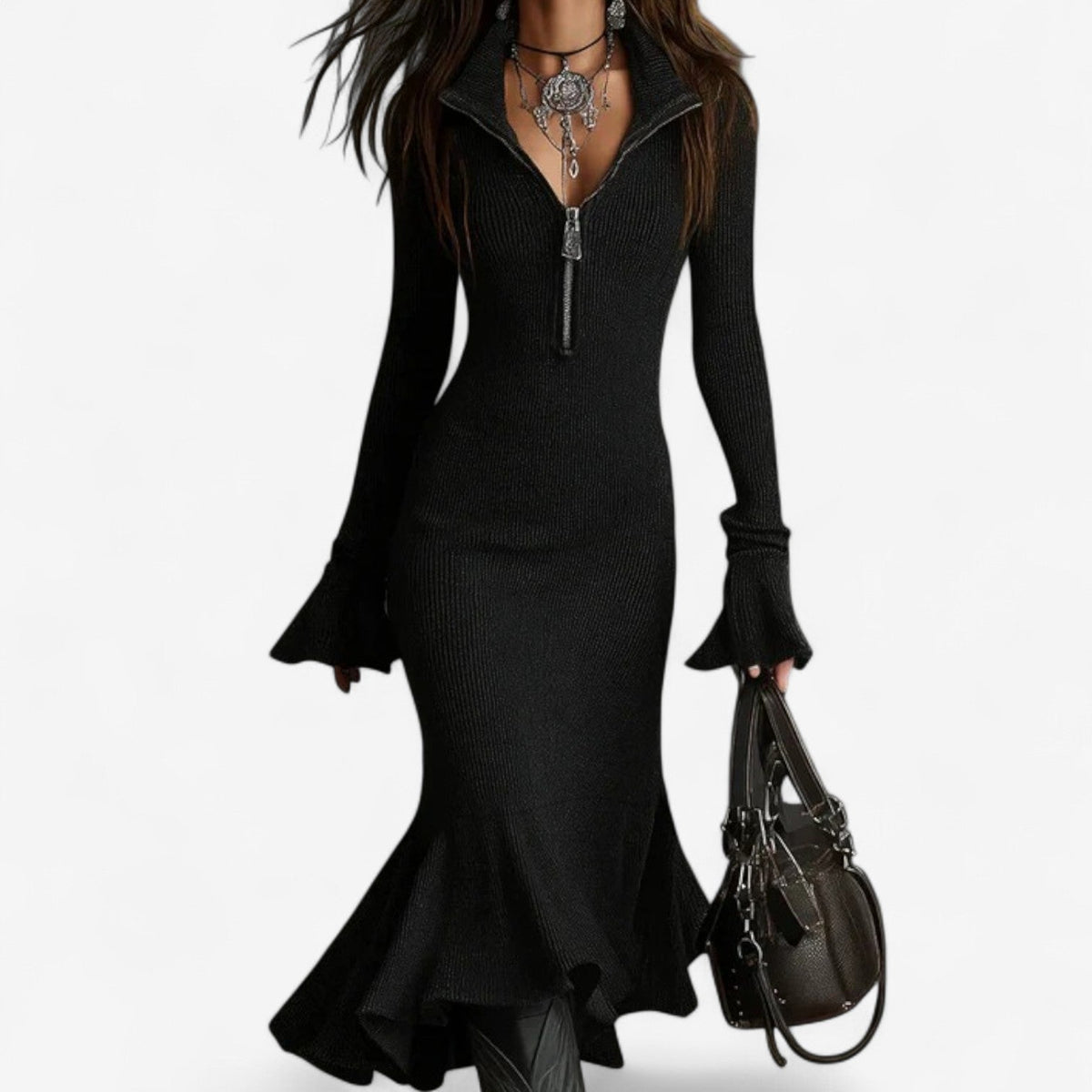 Half-Zip Flared-Hem Evening Maxi Dress in Black