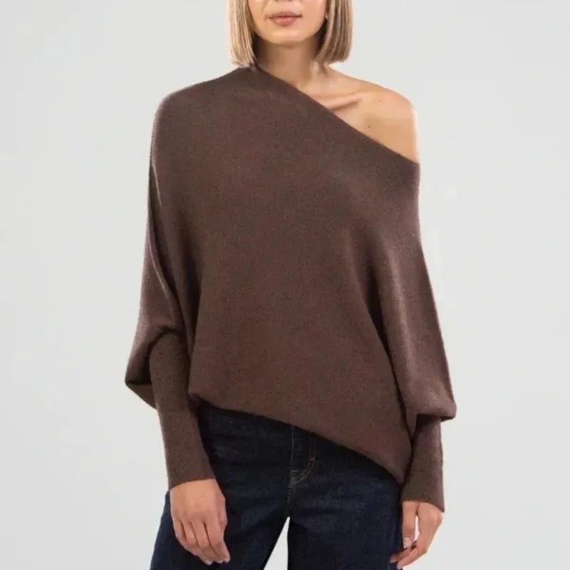 Women's Draped Off-Shoulder Casual Jumper in Brown